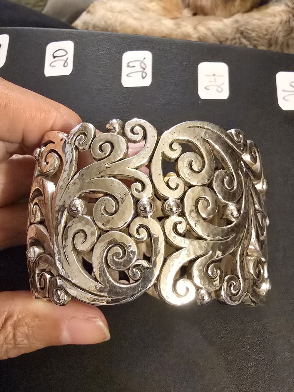 Retired Brighton Vintage Wide Silver Tone Hinged Scroll Cuff Bracelet